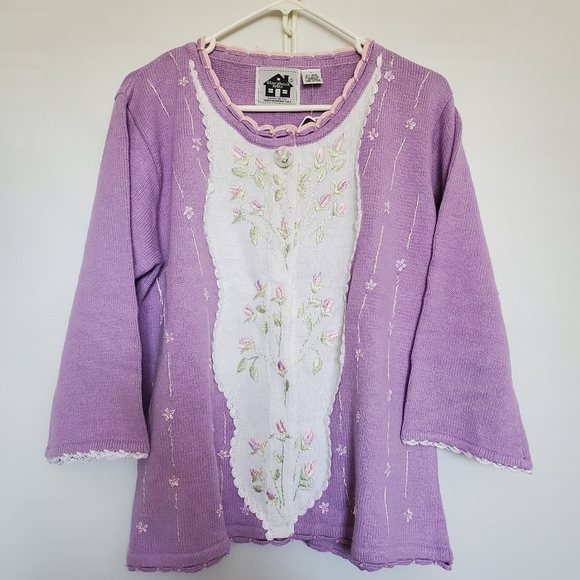 STORYBOOK KNITS SWEATER 'ROSEBUDS' HAND LOOMED PURPLE FLORAL DESIGN ( L ) - Picture 1 of 14